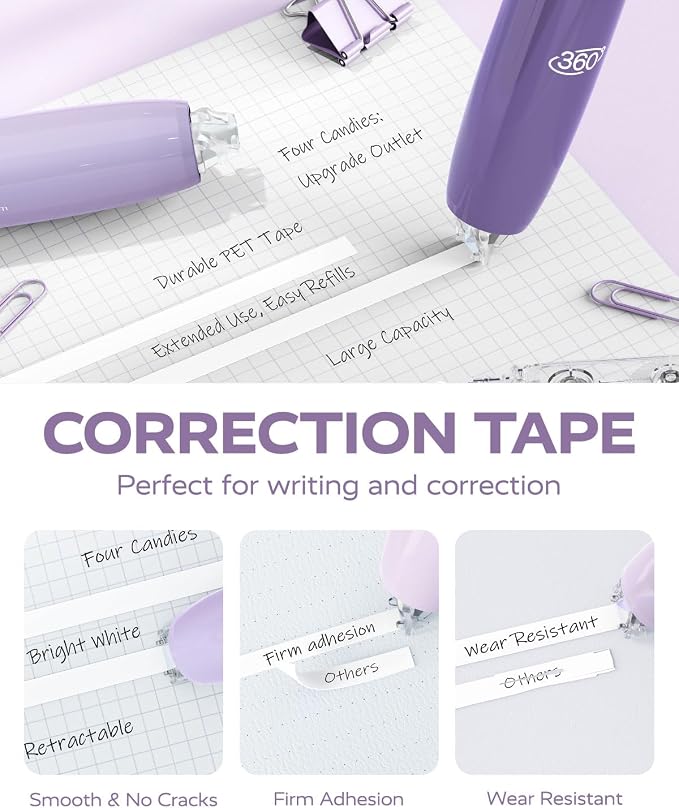 Four Candies Refillable Correction Tape, 4PCS White Tape with 4 Refills | Smooth White Pull-Out Tape for Instant Corrections, Easy to Use Applicator for Office, School Supplies (Purple)