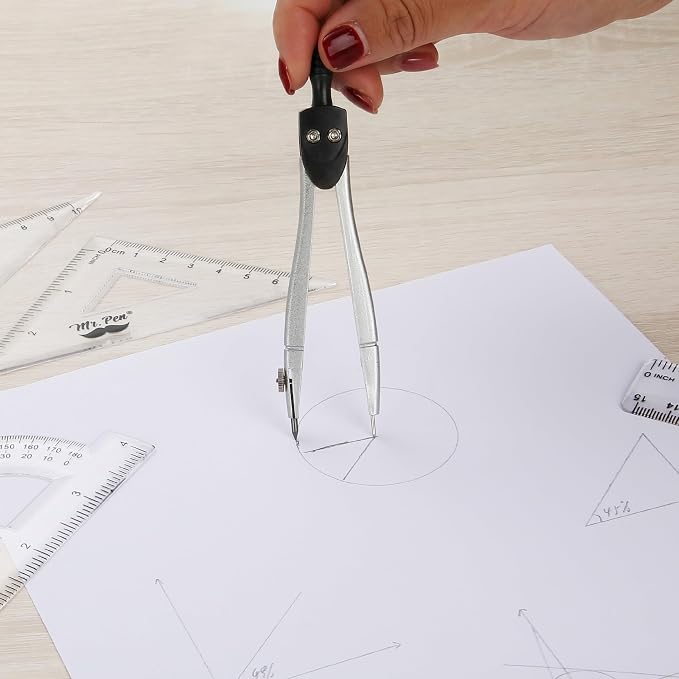 Mr. Pen- Geometry Set, 13 pcs, 3 Metal Compasses, Protractor, 6" Ruler | 45° & 30°/60° Set Squares, Pencils, Lead Refills, Sharpener & Eraser for Math, Drafting & Classroom Use