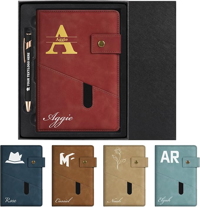 ENOMY Personalized Notebook & Pen Set A5 Notebook with Lock Closure, 200 Lined Pages PU Leather Custom Notebook Cover Premium Gift Box for College Birthday Business Gift, Red