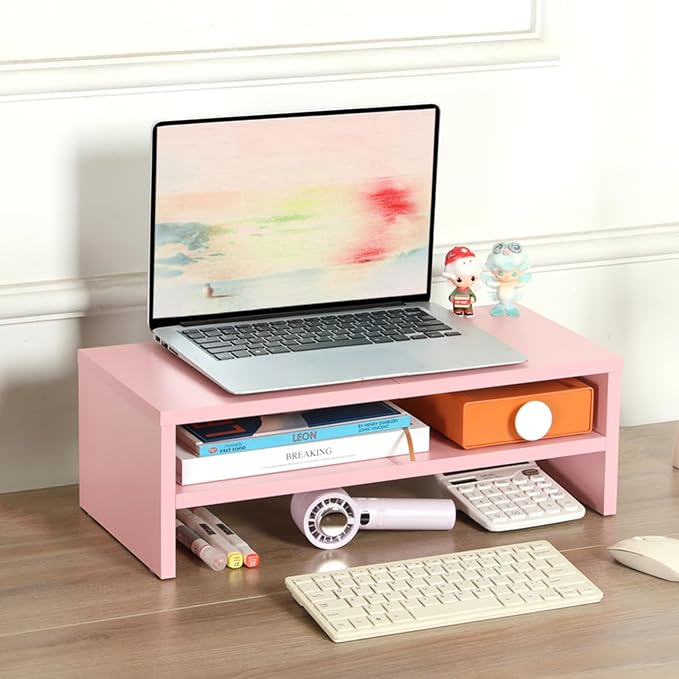 TEAMIX 2 Tiers Pink Monitor Stand Riser, Desktop Stand with Keyboard Storage Small TV Stand Laptop Wooden Desk Organizer Cute Shelf