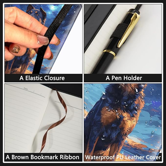 A5 Leather Lined Journal Notebook, 200 Pages Hardcover Executive Notebook for Office School Note Taking, Thick Writing Paper Daily Journal with Bookmarks/Indexes, Starry Night Dog German Shepherd
