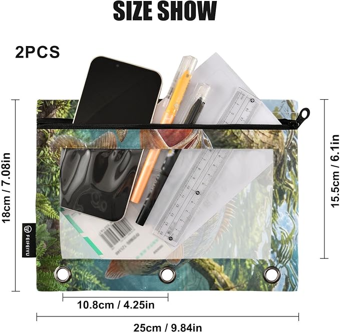Largemouth Bass Fish Pencil Pouches for 3 Ring Binder, Zipper Binder Pencil Case, 2 Pack Clear Window Case Bag for Office Organizers