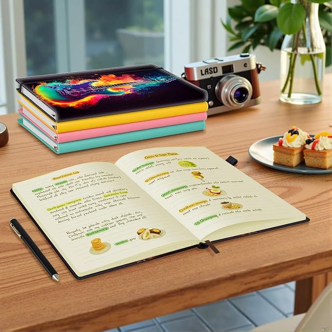 Hardcover Executive Notebooks, A5 PU Leather Lined Journal Notebook, 200 Pages Thick Paper Subject Notebooks for School,Work,Home Writing Business Notebook, Diary Book ，Guitar Colorful Music