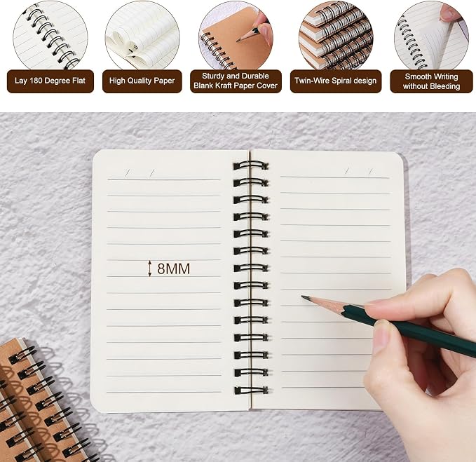 miikoul 120 Pack Spiral Memo Pads 3x5 Inch Small Pocket Notebooks with Double Twin-Wire Binding 60 Sheets/120 Pages Khaki Kraft Cover Mini Journal Notepads Ruled for Note Taking School Office Supplies
