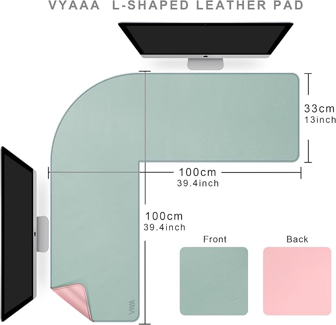 Vyaaa L Shaped Desk Mat, (39.4"+ 39.4") x 13" PU Leather Corner Desk Mat, Reversible L-Shape Desk mat, XL Gaming Mouse Pad for Computer, Gaming, Writing, Home and Office(Green and Pink)