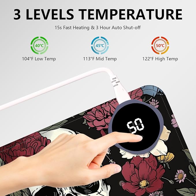 Heated Mouse Pad with 3 Levels Heated & 3 Hours Auto Shut-Off Mouse Pad for Warming Hands in Office Home, 31.5" x 13"Large Safe Desk Mat Hand Warmer，Sugar Flowers Skull Skeleton