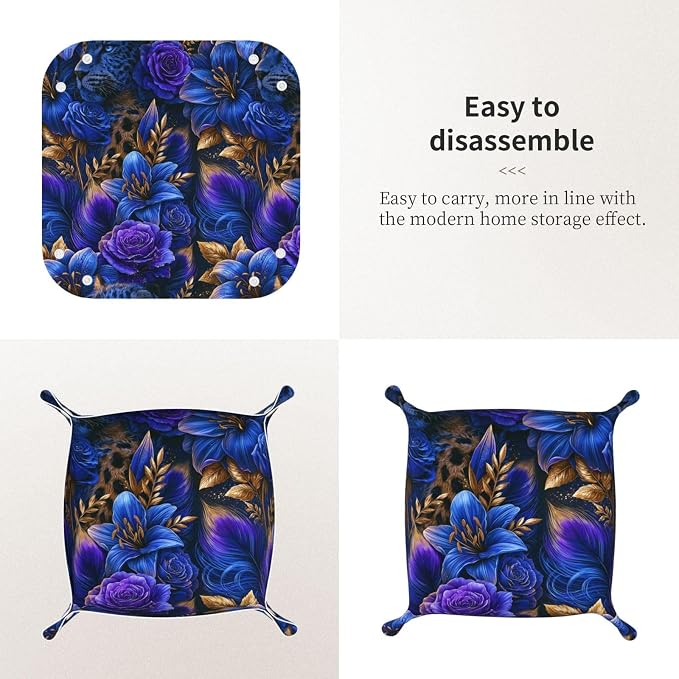Luxury Leopard And Floral Blue Roses Valet Tray Leather Desktop Storage Organizer Bedside For Jewelry Keys Coin Sundries