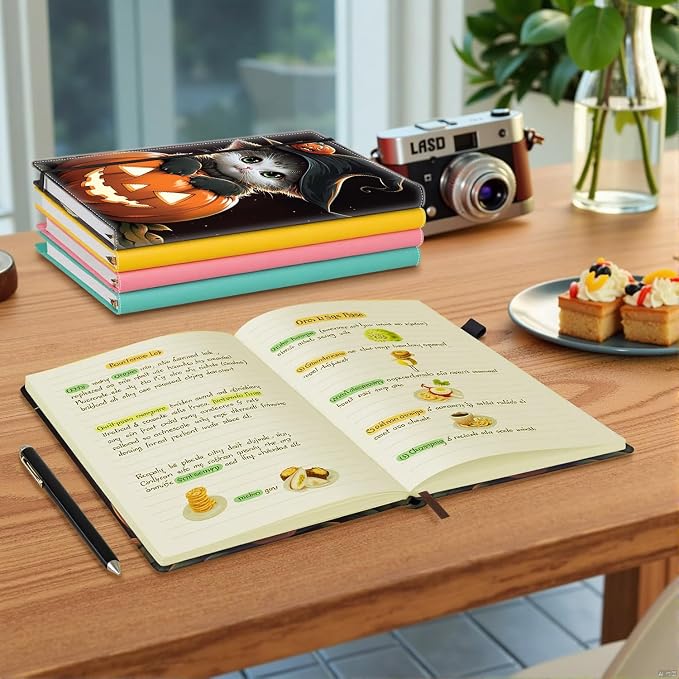 Hardcover Executive Notebooks, A5 PU Leather Lined Journal Notebook, 200 Pages Thick Paper Subject Notebooks for School,Work,Home Writing Business Notebook, Diary Book ， Halloween Cat Pumpkin