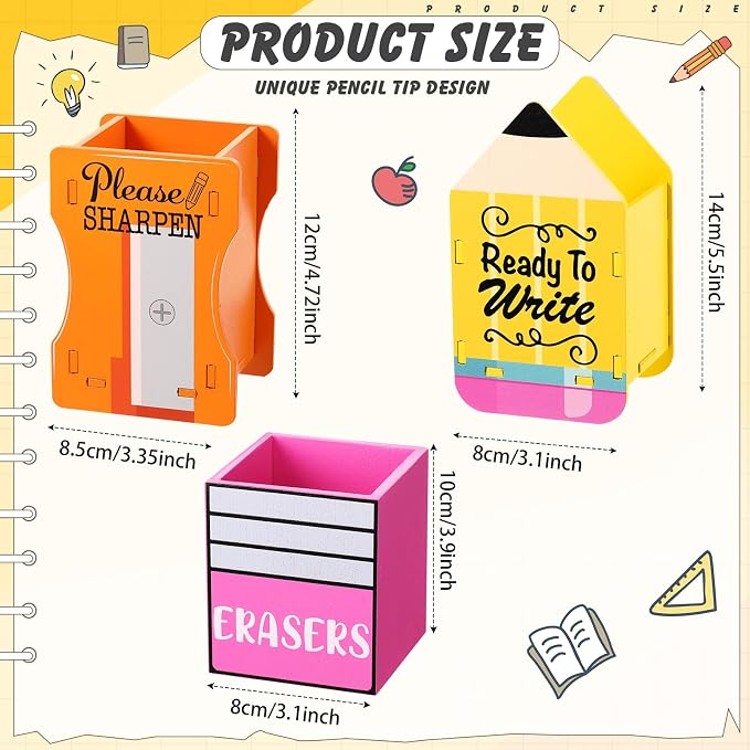 AmazingSpark 3 Pcs Pencil Shaped Holder Sharp and Eraser and Dull Holder Wooden Dispenser Pencil Storage Organizer for Back to School Management Organization (Classic)