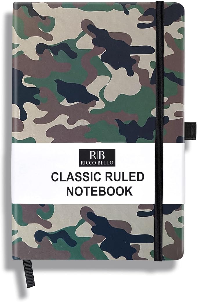 RICCO BELLO Lined Journal Notebook, Green Camo, 5.7 x 8.4-Inches | Faux Leather Hardcover, Pen Holder, College Ruled, 96 Sheets / 192 Pages