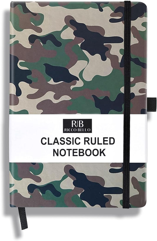 RICCO BELLO Lined Journal Notebook, Green Camo, 5.7 x 8.4-Inches | Faux Leather Hardcover, Pen Holder, College Ruled, 96 Sheets / 192 Pages