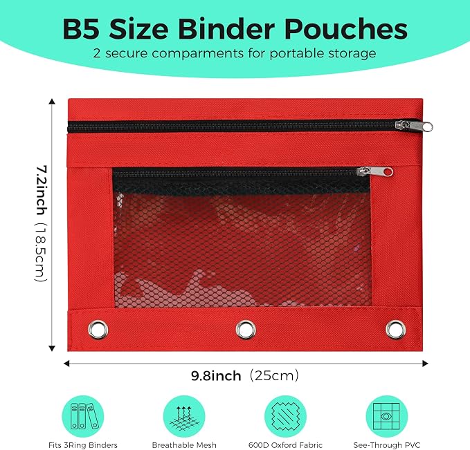 Pencil Pouch for 3 Ring Binder, Pencil Case with Zipper, 600D Fabric Pencil Pouch Bag Holder Accessories, Clear Window Pencil Case Aesthetic Back to School Organizer Pockets for Boy Girl (Red)
