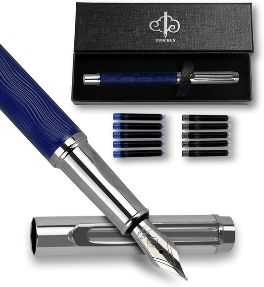 YUNCHUN Fountain Pen Set for Men Women, Streamline Design Refillable Pen with Medium Nib, 20 Ink Refills (10 Black + 10 Blue), Smooth Writing Gift, Blue
