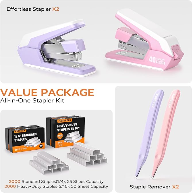 Marsrock Effortless Stapler for Desk with 40-50 Sheet Capacity, 4000 Staples, 1-Touch Stapling, Ergonomic & Easy to Load Desktop Staplers, Heavy Duty Stapler, and Magnetic Staple Remover, 2 Pack