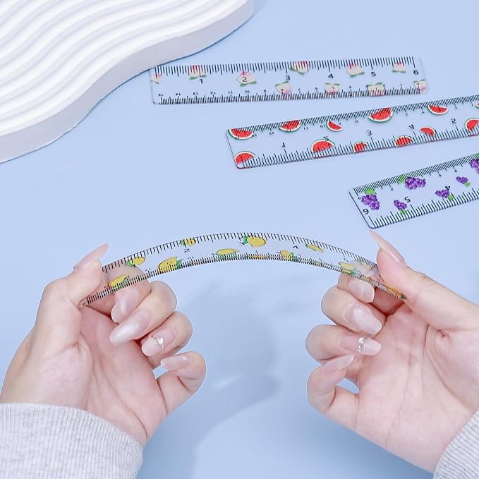 BAYTORY 4Pcs Transparent Acrylic Small Ruler 6 Inch, Straight Mini Rulers | Shatterproof Student Stationery Centimeters with Inches, for Classroom Essentials School Supplies (Fruit 6 Inch)