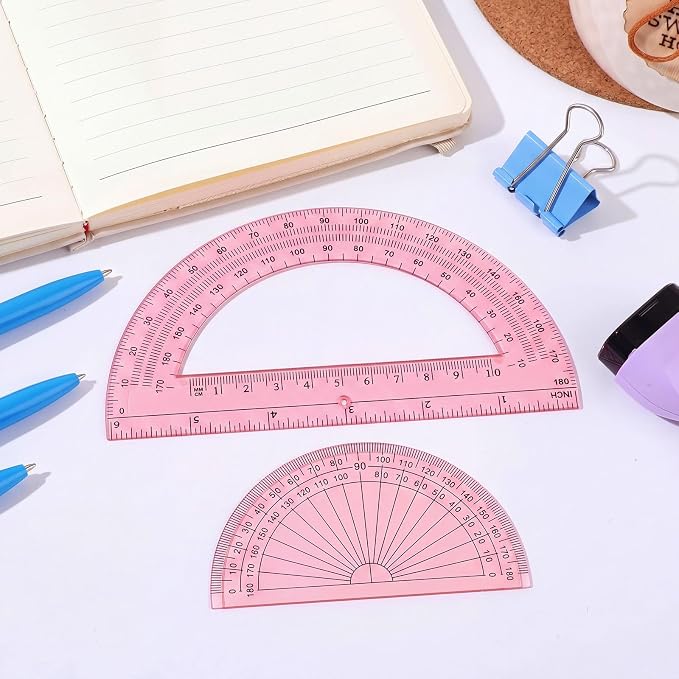 EBOOT 2 Pcs Plastic Protractor Clear 180 Degrees Transparent Protractor for Geometry, 4 Inch and 6 Inch(Light Pink)