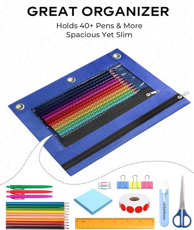 3 Ring Binder Pencil Pouch - Oxford Fabric Pencil Case with 2 Zippered Pockets, Clear Mesh Window Pencil Bag, B5 Size for Office & Travel Supplies (Blue)