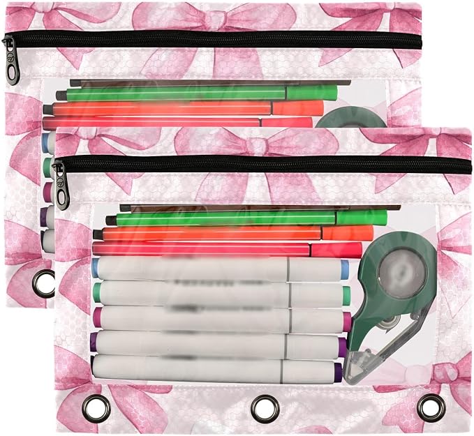 Pink Bows Pencil Pouch Fits standard 3-ring binders, Zipper Binder Pencil Bag with Clear Window for Office 2 Pack