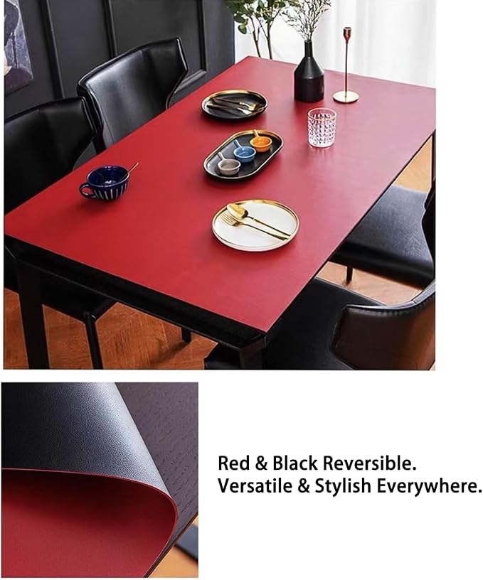 Leather Table Cover,1.8mm Thick,24x48 Inch,Table Protectors for Rectangle,Waterproof Desk Pad, Scratch - Resistant Craft Mat for Dining Table, Office Desk and Art Station(Black+Wine Red)