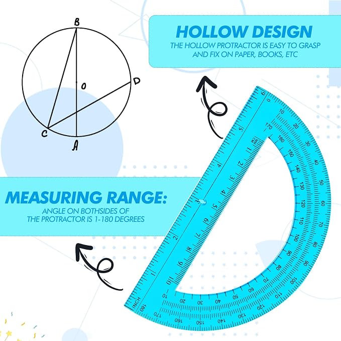 Zonon 2 Pcs 12 Inch Clear Ruler and 6 Inch Plastic Protractor Set, Dual Scale Inch/Cm Math Geometry Measuring Tools for Back to School Students Teachers Classroom Office Drafting Use(Blue)