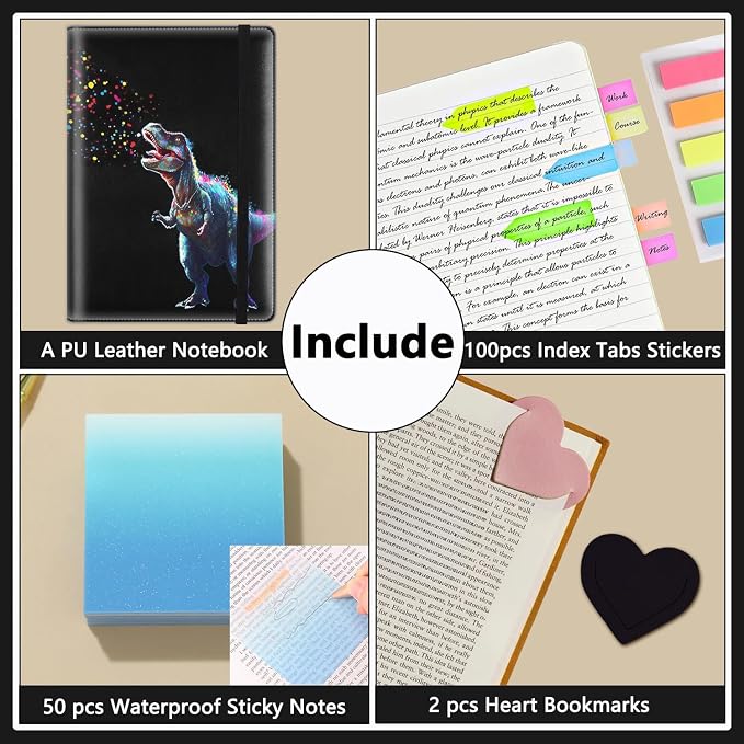 A5 Leather Lined Journal Notebook, 200 Pages Hardcover Executive Notebook for Men Women Office School Note Taking, Thick Writing Paper Daily Journal with Bookmarks/Indexes, Dinosaure Black