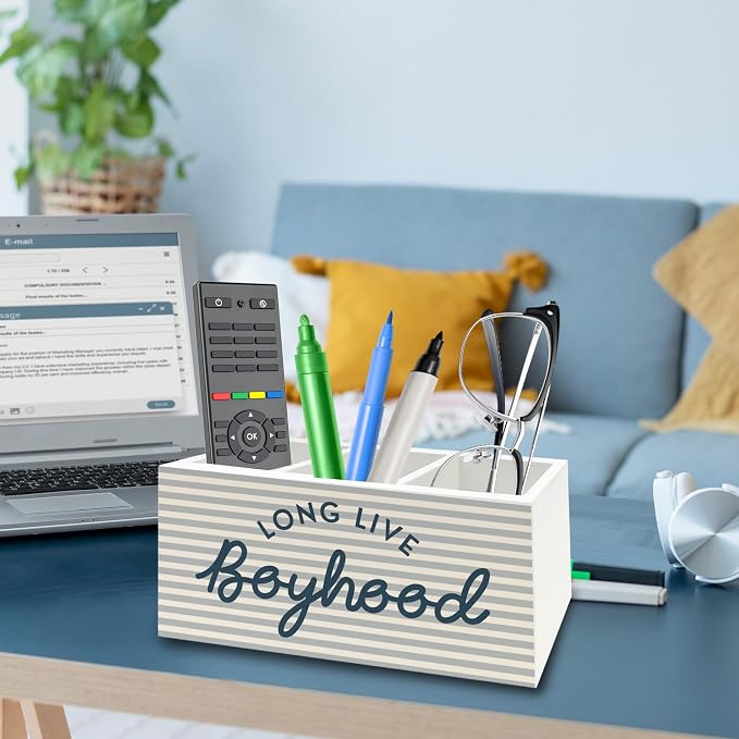 Boys Pen Pencil Holder Organizer for Desk, Long Live Boyhood Grey Striped Wooden Box Signs Decorations for Home Classroom Kids Boy Nursery Room Bedroom Playroom Desk Tabletop, Boys Room Decor