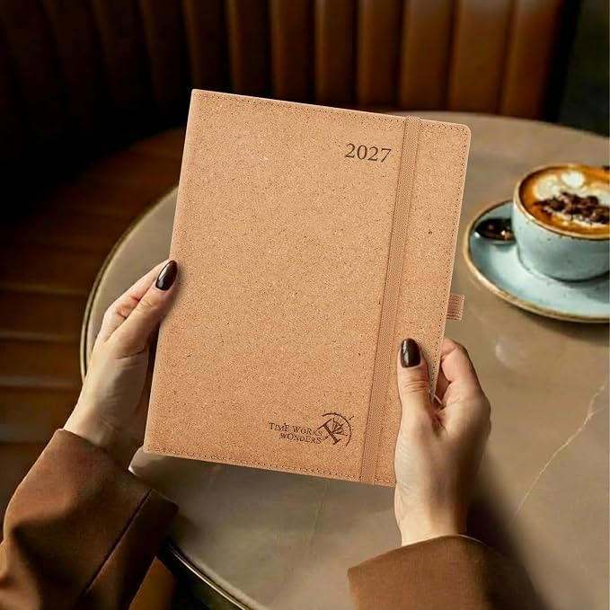 POPRUN 2027 Planner Weekly and Monthly, 6.5" x 8.75" Recycled Paper Calendar, Jan 2027- Dec 2027 Agenda, Daily Appointment Book with Hourly Time Slots, Monthly Tabs, Hardcover, 100 GSM - Desert Brown