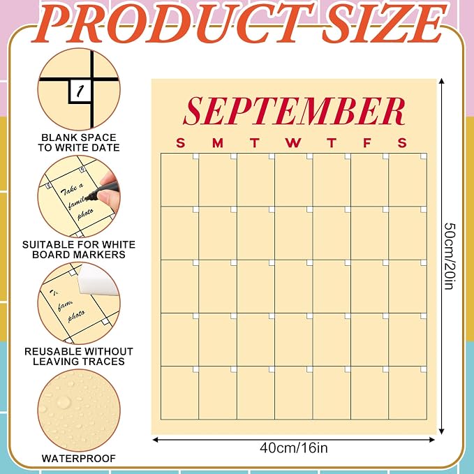 12 Pcs Undated Calendars 16‘'x20‘' Large Erasable Wall Calendar 12 Month Classroom Dry Ease Reusable Planning Colorful Yearly Blank Planner Reserved Grid for Office Home Educational Study Room Class