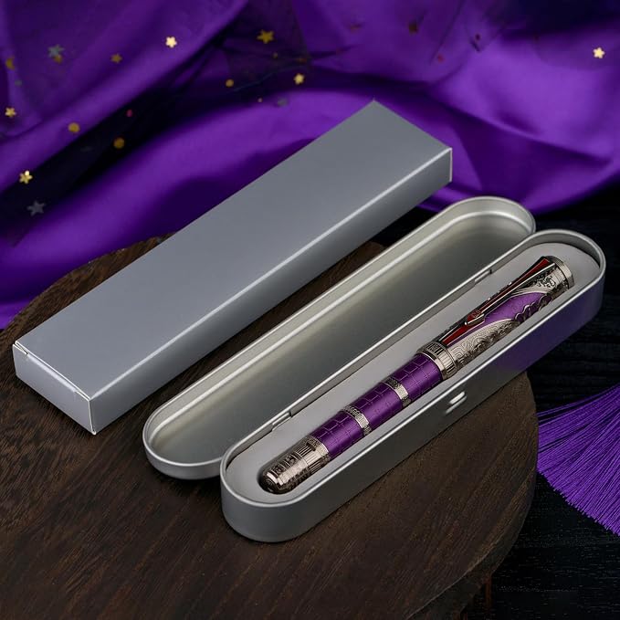 Hongdian D5X Fountain Pen Purple Color Medium Nib, Qin Dynasty Retro Chinese Totem Engraving Smooth Writing Pen with Converter and Pen Box Set