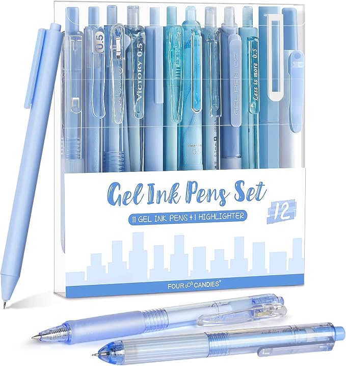 Four Candies Cute Blue Pens, Black Gel Ink, Ocean - 12ct, 0.5mm Fine Point | School Supplies, Office Decor & Desk Accessories for Journaling