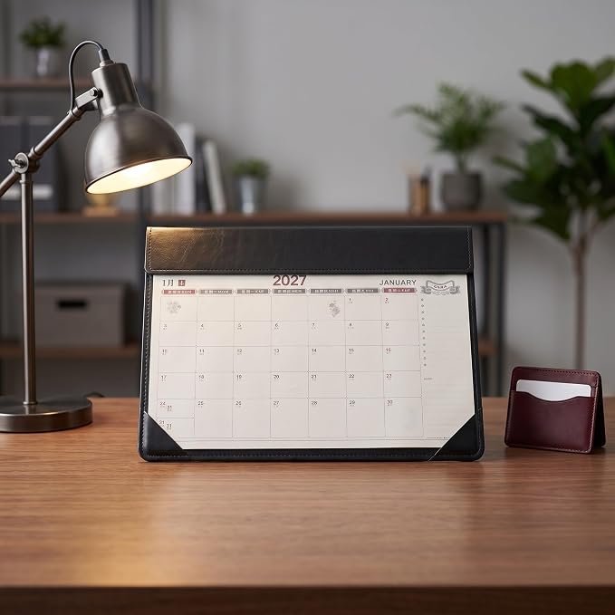 Kisangel Large Desk Blotter Calendar - 2027 PU Leather Computer Pad with Monthly Calendar - 17x12" Desk Mat for Home Office School Study