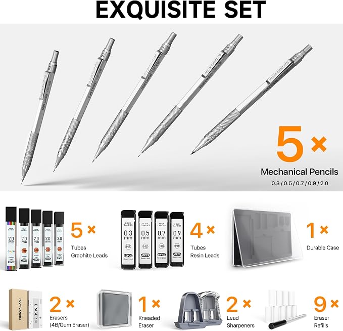 Four Candies Metal Mechanical Pencil Set, 4PCS 0.3, 0.5, 0.7, 0.9MM Mechanical Pencils & 2MM Drawing Pencil with 9 Tubes Lead Refills (4B 2B HB 2H Color) for Student Writing Artist Sketching - Silver