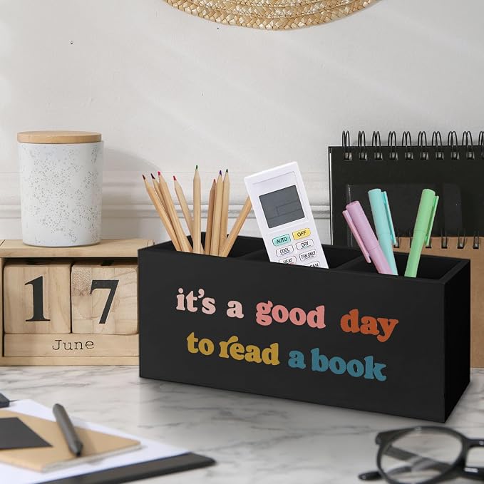 Black Wooden BookmarkPen Pencil Holder Decor for Desk, Book Lover Gifts, It's a Good Day to Read a Book Wood Makeup Brush Toothbrush Holder Organizer for Reading Corner Room Library