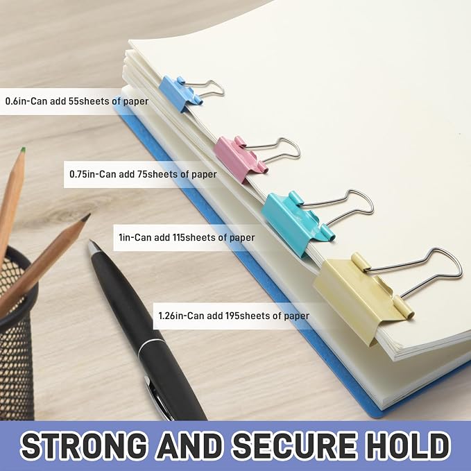 180 Pack Colored Binder Clips Bulk, 4 Size Assortment Includes Large, Medium, Small, Mini Metal Clips (1.26”, 1”, 0.75”, 0.6”), Heavy-Duty Metal Paper Clamps for Office & School Supplies