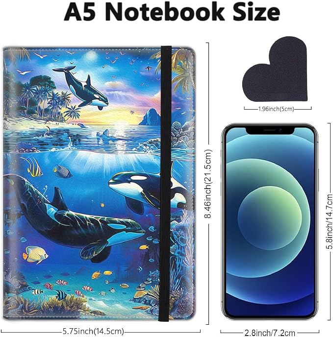 A5 Leather Lined Journal Notebook, 200 Pages Hardcover Executive Notebook for Men Women Office School Note Taking, Thick Writing Paper Daily Journal with Bookmarks/Indexes,Undersea Whale