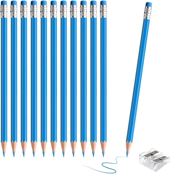12 PCS Light Blue Pencils with Eraser, Pre-Sharpened HB Pencils for Writing & Drawing, School Supplies for Kids Homework, Tests, Art Crafts & Teacher Grading (Light Blue)