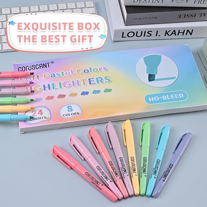 coruscant Pastel Highlighters Set, 8 Assorted Colors, 24 Pack, Chisel Tip Cute Bible Highlighters, No Bleed Dry Quickly, for Journal Bible Study, Perfect for thin paper, School Office Supplies
