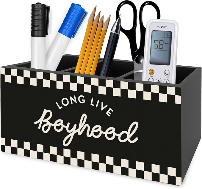 Boy Nursery Decor Pen Pencil Holder Organizer for Desk, Long Live Boyhood Black Checkered Wooden Box Signs Decorations for Kids Toddler Boys Room Bedroom Desk Tabletop, Boys Room Decor