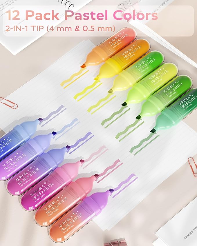 Four Candies 12 Pcs Highlighters Assorted Colors, Cute Pastel Highlighter Set, Dry Quickly, Soft Chisel Tip, No Bleed Highlighter, Aesthetic Highlighters