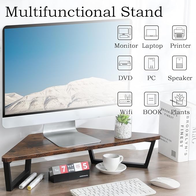 TEAMIX 26 inch Corner Monitor Stand Riser with Keyboard Storage, Espresso | Triangle Monitor Stand, Wood & Metal Computer Stand, Laptop Riser, Desktop Organizer, for L Shaped Desk, Home Office & Gaming