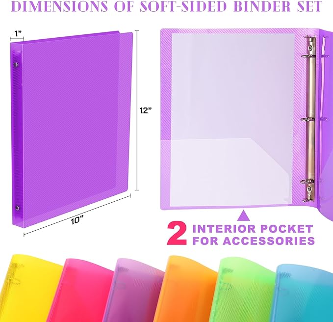 Fulmoon 6 Pack Plastic 3 Ring Binder Assorted Colors Economy Flexible Round Ring Presentation Binders with Pocket for Office School Meeting(1 Inch,Neon Colors)