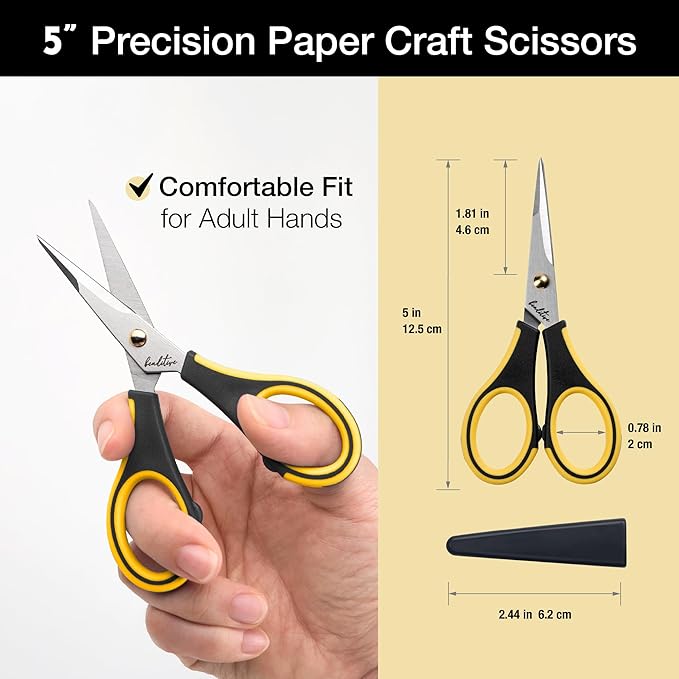 Beaditive Precision Craft Scissors - Stainless Steel Blades With Safety Cap - Ultra Sharp Tip & Non-Slip TPR Handles - For Adult & Kid Paper Crafting, Scrapbooking, Home, Office, and School Use