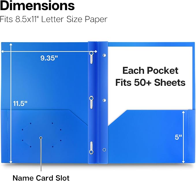 Dunwell Plastic Folders with 3 Prongs, (2 Pack, Blue), 2-Pocket Folders with Fasteners, Durable Acid-Free Poly for Long Term Use, Labels Included