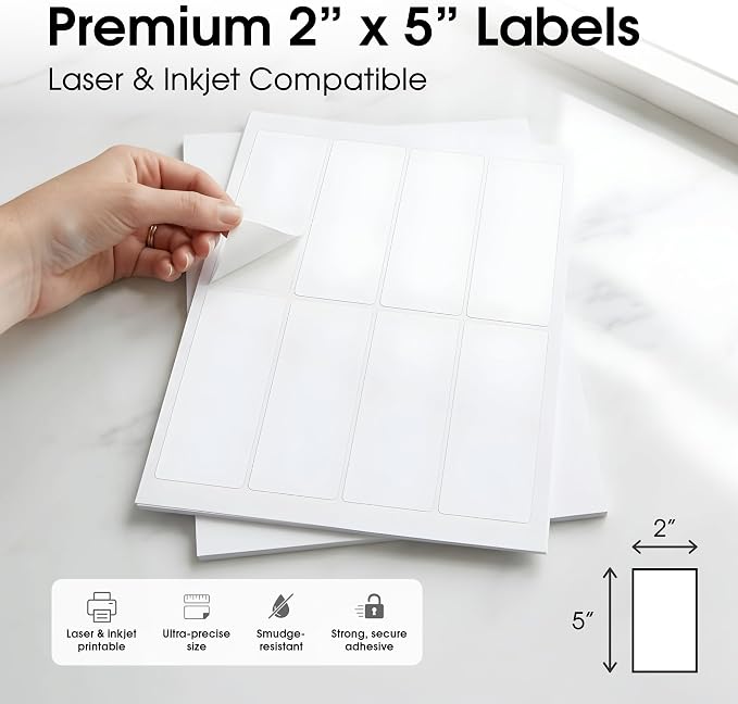 2" X 5" Matte White Printable Shipping Labels (30 Sheets, 240 Stickers) | Address and Mailing Labels for Laser & Inkjet Printers - Spartan Industrial Template R006
