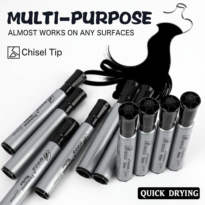 Buecs Permanent Markers, 80 Count Black Permanent Markers, Chisel tip, Waterproof &Fade Resistant, Quick Drying, Office Supplies for School, Office, Home