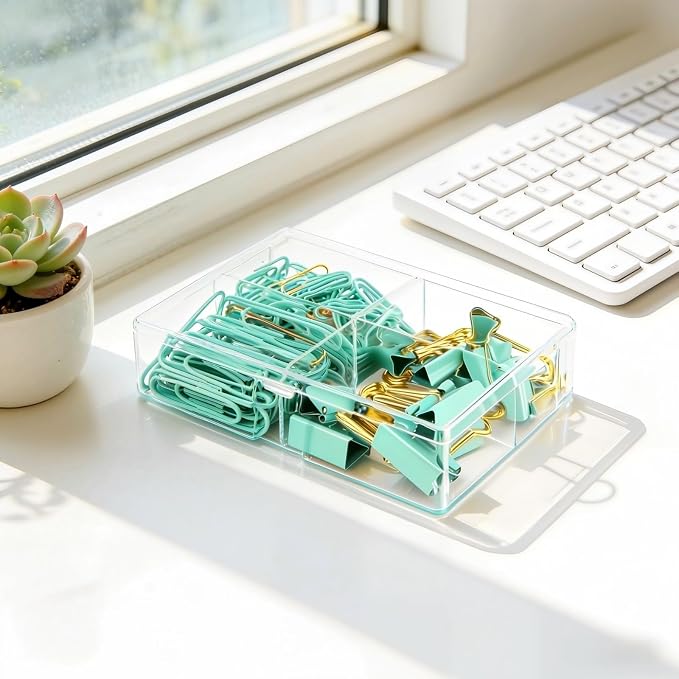 Cute Girly Office Supplies Set - Green & Colored Paper Clips + Binder Clips Assorted Sizes, Metal Paperclips & Cute Binder Clips for Home School Office