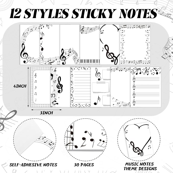 Chiisong 12 Pcs Music Sticky Notes Musical Note Pads Funny Memo for Music Teacher Appreciation Gifts Party Favor Musical Message Reminder Christmas Small Supplies Home Office