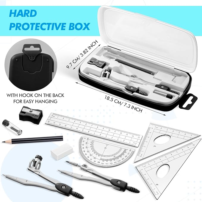 Zonon Math Geometry Set for Students 10 Pcs Compass Geometry Tools Kit Includes Protractor Compass Lead Refills Rulers Pencil Sharpener Eraser Pencil Storage Box for Drafting and Drawings(Black)