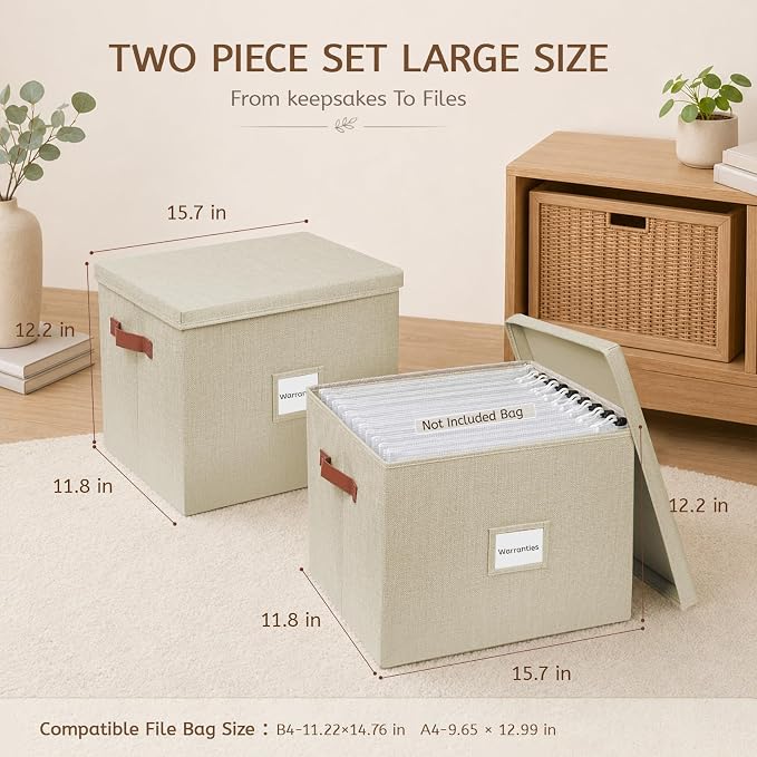2-Pack Collapsible Document Storage Bins with Lid, Beige | Office files & board games | Fits A4/B4 papers | Stackable | Dust-proof | Includes labels & glue dots
