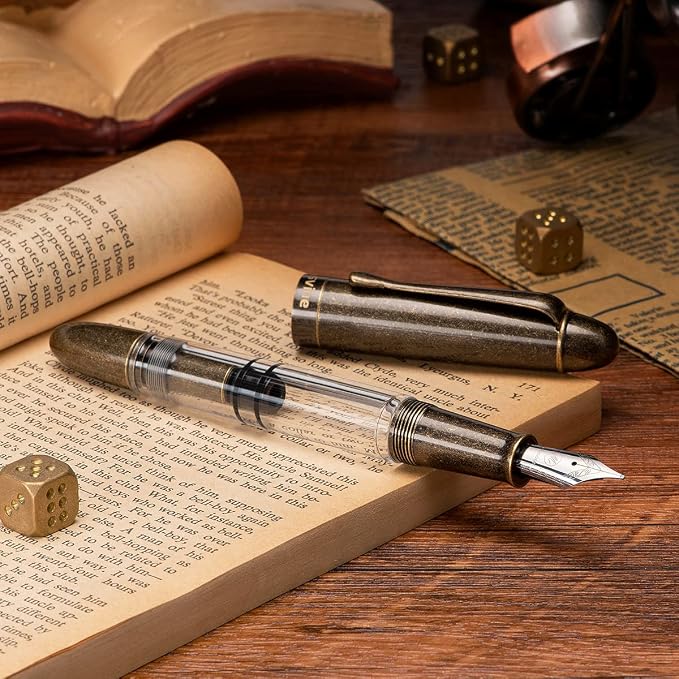 Asvine P30 Piston Fountain Pen Extra Fine, Retro Brass Style, Transparent Acrylic Large Ink Capacity Writing Gift Box